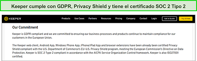 Certificaci&oacute;n del Escudo de privacidad de Keeper y cumplimiento de SOC 2 Tipo 2 y RGPD.