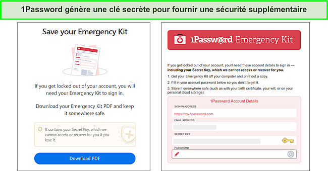 Kit d'urgence de 1Password avec la cl&eacute; secr&egrave;te.