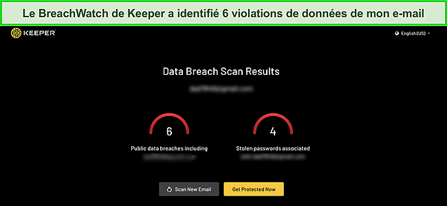 Capture d'&eacute;cran des r&eacute;sultats de violation de donn&eacute;es de l'outil de surveillance du dark web de Keeper.