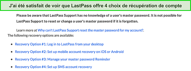 Capture d'&eacute;cran des options de r&eacute;cup&eacute;ration de compte de LastPass.