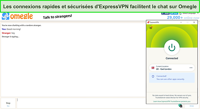 Capture d'&eacute;cran d'ExpressVPN connect&eacute; &agrave; un serveur britannique avec un chat Omegle actif en arri&egrave;re-plan.
