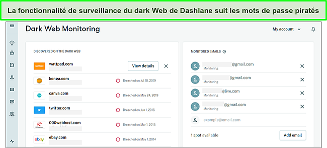 Utilisation de la surveillance du dark web de Dashlane pour suivre les mots de passe pirat&eacute;s.