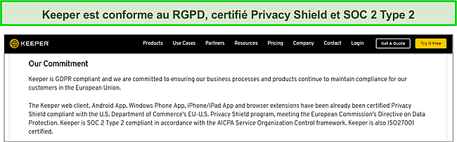 Certification Privacy Shield de Keeper et conformit&eacute; SOC 2 Type 2 et RGPD.