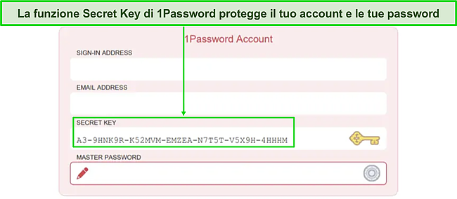 Screenshot della pagina di accesso all'account Secret Key di 1Password.