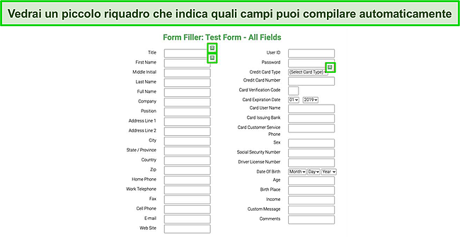 Screenshot del modulo di prova compilato automaticamente dalla funzione di compilazione automatica di Roboform.