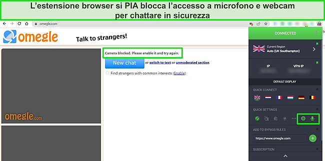 Screenshot dell'estensione del browser Chrome di PIA collegata a un server del Regno Unito con microfono e funzionalit&agrave; della webcam bloccate, con Omegle in background che mostra anche che webcam e microfono sono bloccati.