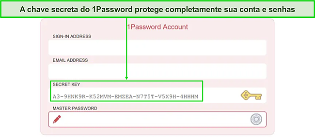 Captura de tela da p&aacute;gina de login da conta da chave secreta do 1Password.
