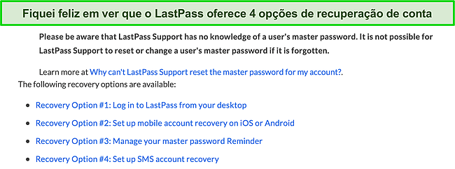 Captura de tela das op&ccedil;&otilde;es de recupera&ccedil;&atilde;o de conta do LastPass.