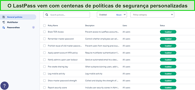 Captura de tela do painel de Pol&iacute;ticas Gerais do LastPass.