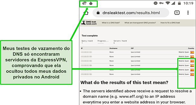 Captura de tela de um teste de DNS bem-sucedido no Android enquanto a ExpressVPN est&aacute; conectada a um servidor em Madri.