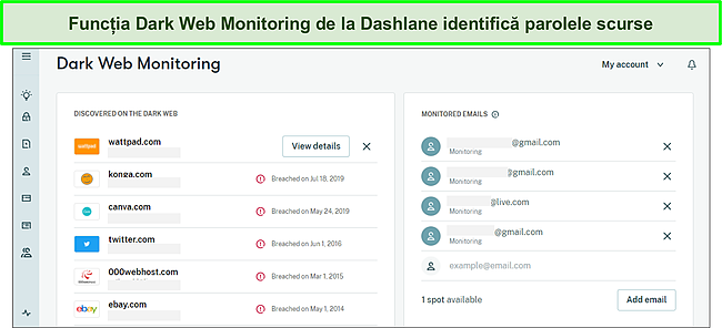 Utilizarea Dark Web Monitoring de la Dashlane pentru a urmări parolele &icirc;ncălcate.