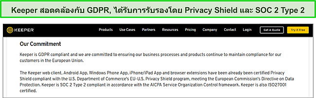 การรับรอง Privacy Shield ของ Keeper และการปฏิบัติตาม SOC 2 Type 2 และ GDPR