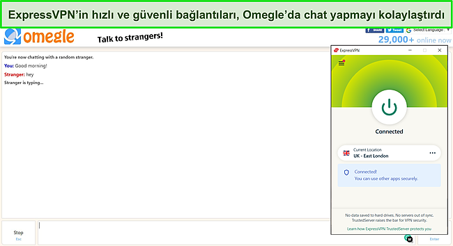 Arka planda etkin bir Omegle sohbeti ile Birleşik Krallık sunucusuna bağlı ExpressVPN'in ekran g&ouml;r&uuml;nt&uuml;s&uuml;.