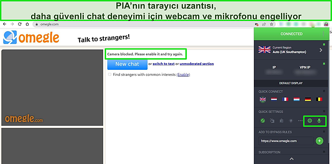 Mikrofon ve web kamerası &ouml;zellikleri engellenmiş bir İngiltere sunucusuna bağlı PIA'nın Chrome tarayıcı uzantısının ekran g&ouml;r&uuml;nt&uuml;s&uuml;, Omegle arka planda da web kamerası ve mikrofonun engellendiğini g&ouml;steriyor.