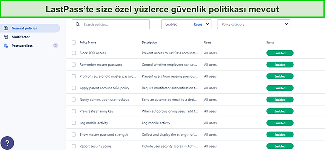 LastPass Genel İlkeler panosunun ekran g&ouml;r&uuml;nt&uuml;s&uuml;.