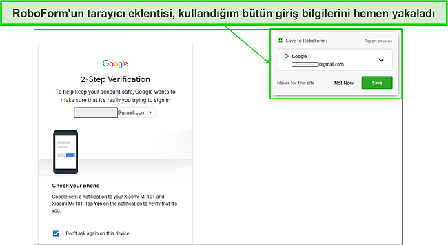 RoboForm otomatik kaydetme &ouml;zelliğinin ekran g&ouml;r&uuml;nt&uuml;s&uuml;.