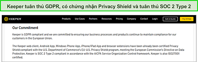 Chứng nhận Bảo vệ quyền ri&ecirc;ng tư của Keeper v&agrave; tu&acirc;n thủ SOC 2 Loại 2 v&agrave; GDPR.
