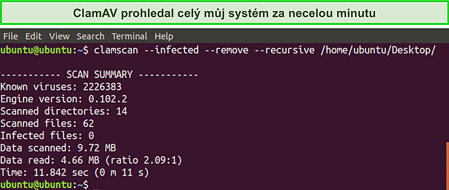 Sn&iacute;mek obrazovky rychl&eacute;ho CLI skeneru ClamAV.