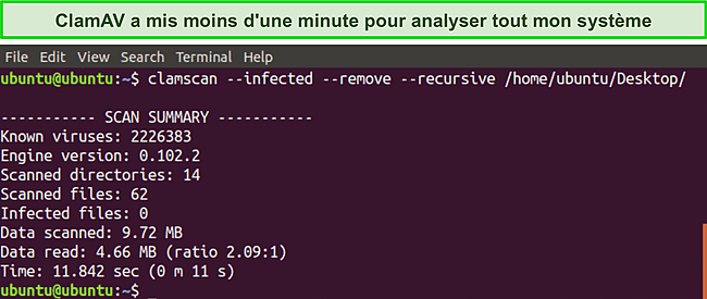 Capture d'&eacute;cran du scanner CLI rapide ClamAV.