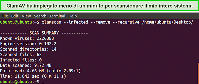 Screenshot dello scanner CLI veloce ClamAV.