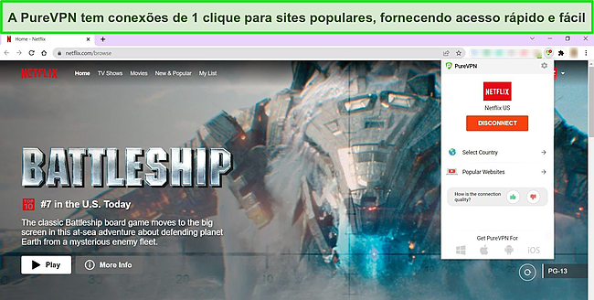 Captura de tela da extens&atilde;o PureVPN Chrome mostrando uma conex&atilde;o com um servidor Netflix dos EUA, com a Netflix aberta em uma guia do Chrome.
