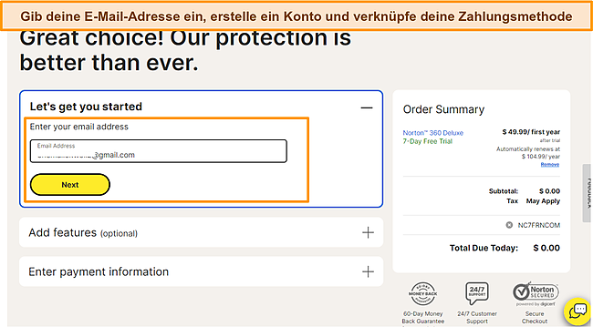 Screenshot der Registrierung f&uuml;r die kostenlose Norton-Testversion.