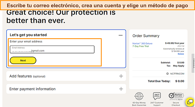 Captura de pantalla del registro de prueba gratuita de Norton.