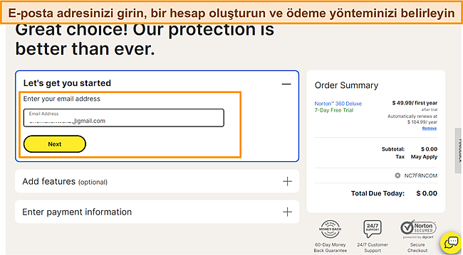 Norton &Uuml;cretsiz Deneme Kaydının ekran g&ouml;r&uuml;nt&uuml;s&uuml;.