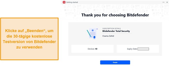 Screenshot der Bitdefender-Schaltfl&auml;che zum Abschlie&szlig;en der Registrierung f&uuml;r die kostenlose Testversion