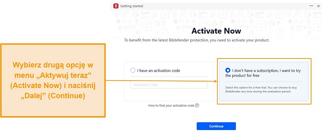 Aktywacja bezpłatnej wersji pr&oacute;bnej Bitdefender