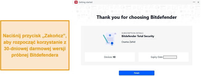 Zrzut ekranu przycisku Bitdefender, aby zakończyć rejestrację w bezpłatnej wersji pr&oacute;bnej