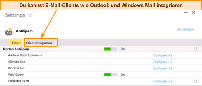Screenshot der Registerkarte "Einstellungen" von Norton AntiSpam