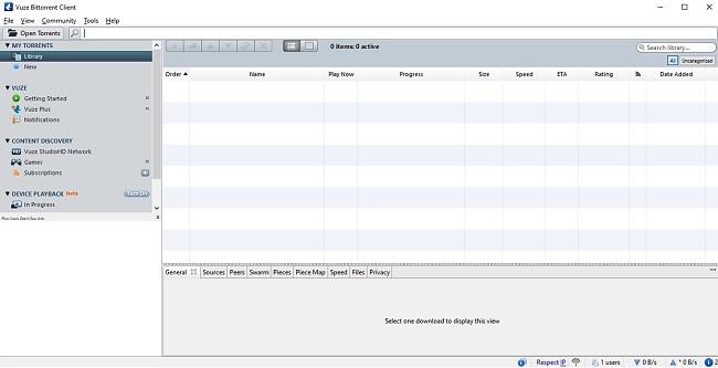 צילום מסך של הממשק הראשי של Vuze