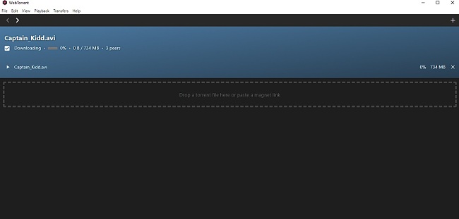 צילום מסך של WebTorrent Desktop המציג הורדה בתהליך