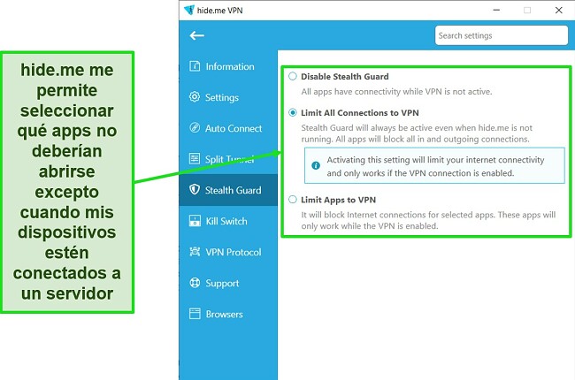 Captura de pantalla de la funci&oacute;n Stealth Guard de hide.me en su aplicaci&oacute;n de Windows