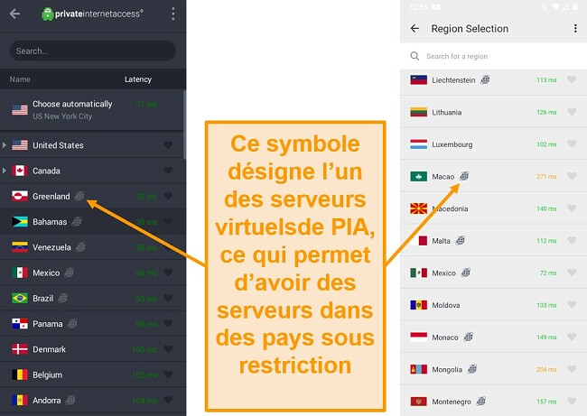 Capture d'&eacute;cran du client de bureau PIA et du programme Android, montrant les serveurs g&eacute;olocalis&eacute;s