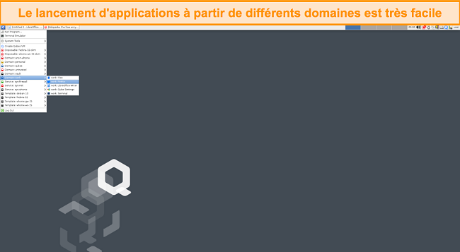 Capture d'&eacute;cran montrant le menu de d&eacute;marrage de Qubes OS