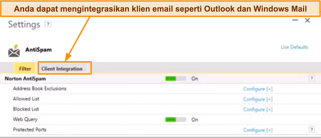 Tangkapan layar tab pengaturan Norton AntiSpam