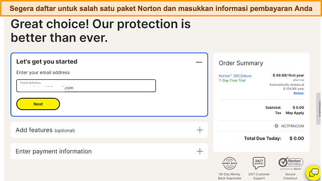 Tangkapan layar proses Pendaftaran Norton