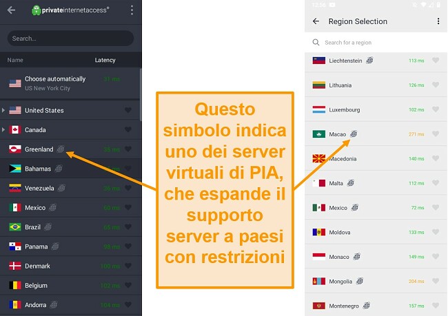 Screenshot del client desktop PIA e del programma Android, che mostra i server geolocalizzati