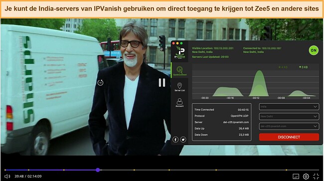 Screenshot van IPVanish die Zee5 deblokkeert