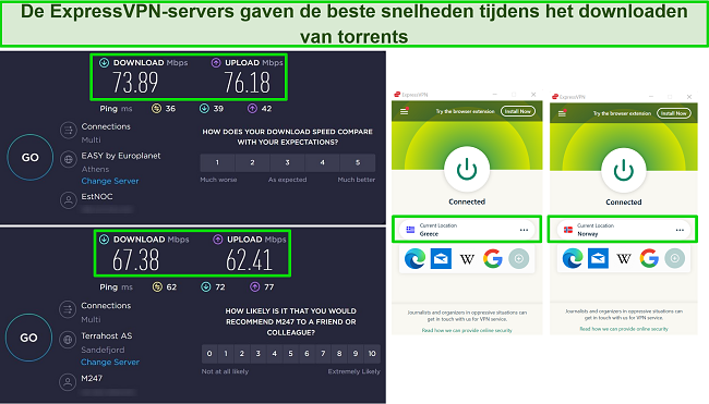 "Screenshot van de download- en uploadsnelheden van ExpressVPN terwijl verbonden met servers in Griekenland en Noorwegen