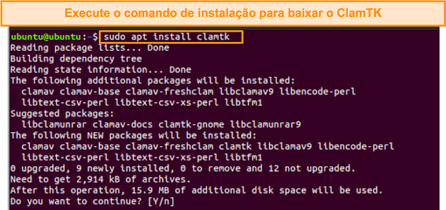 Captura de tela do comando de instala&ccedil;&atilde;o do ClamTK no Ubuntu
