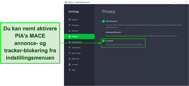 Sk&aelig;rmbillede, der viser, hvordan du sl&aring;r PIAs MACE-funktion til fra indstillingsmenuen