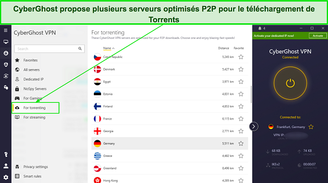 Capture d'&eacute;cran de la liste des serveurs optimis&eacute;s P2P de CyberGhost