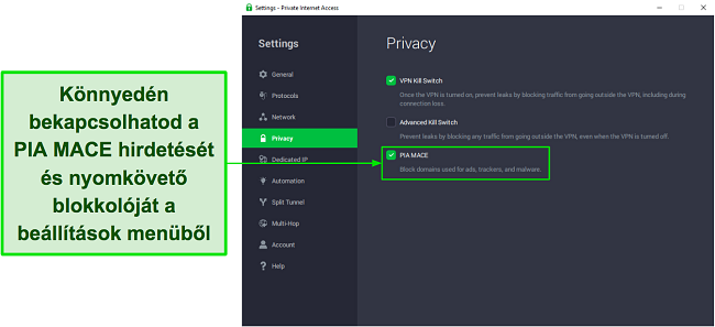 K&eacute;pernyők&eacute;p, amely bemutatja, hogyan lehet bekapcsolni a PIA MACE funkci&oacute;j&aacute;t a be&aacute;ll&iacute;t&aacute;sok men&uuml;ből