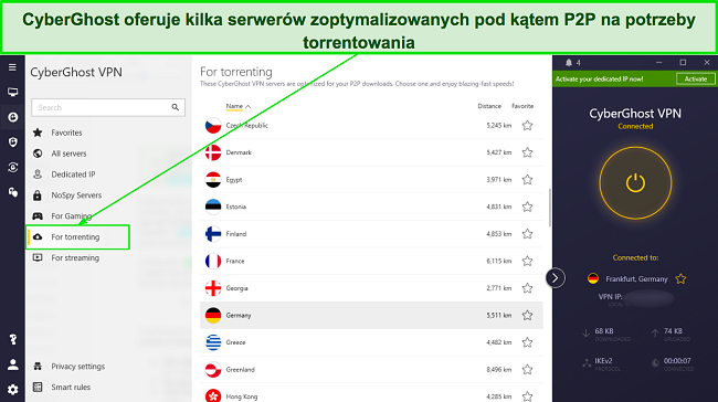 Zrzut ekranu listy serwer&oacute;w zoptymalizowanych pod kątem P2P firmy CyberGhost