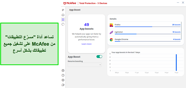 ميزة App Boost من McAfee في العمل