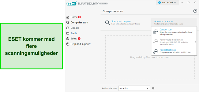 Sk&aelig;rmbillede af ESETs virusscanningsmuligheder