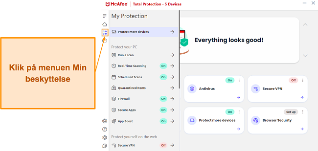 &Aring;bning af menuen Min beskyttelse i McAfee